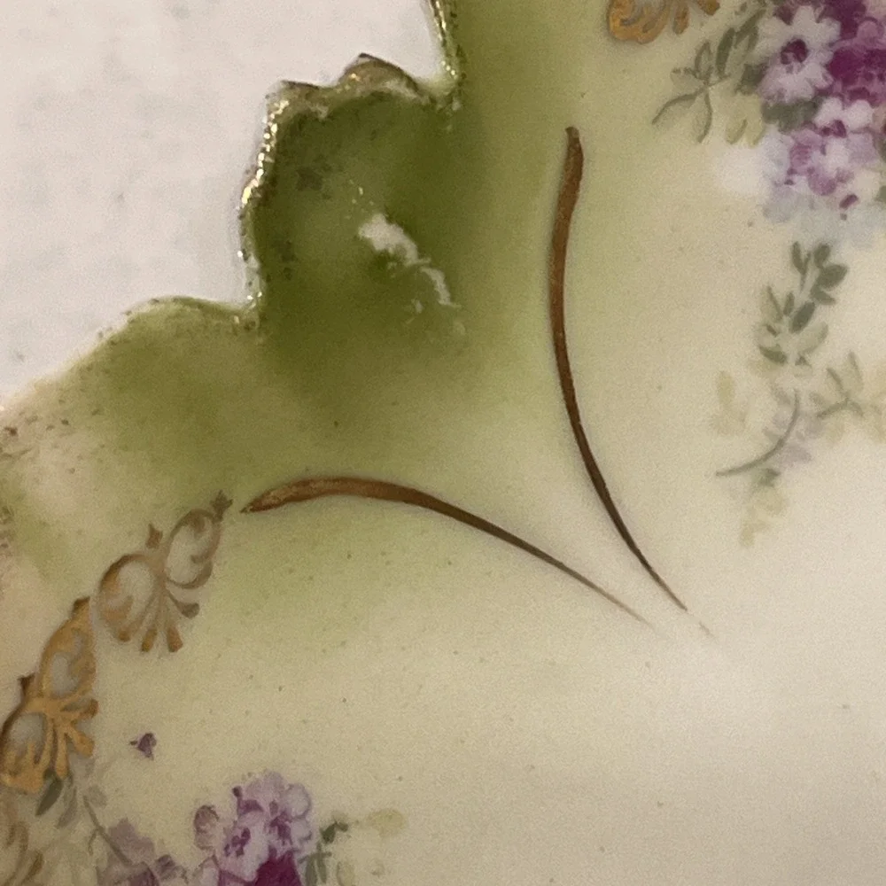 Vintage Porcelain RS Prussia  Berry Bowl Green, Pink Gold Trim 5